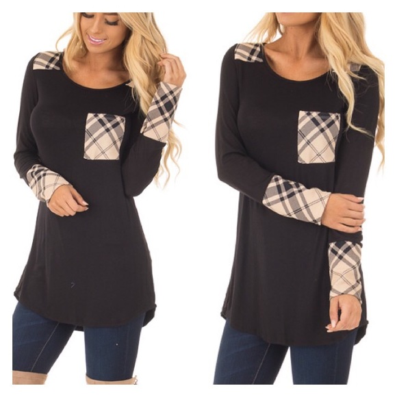 Last one!! Black Long Sleeve Top with plaid Detail - Picture 2 of 6